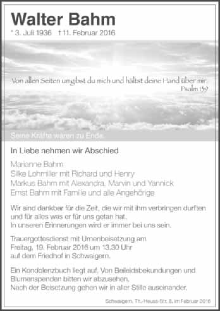 Traueranzeige für Walter Bahm vom 16.02.2016 aus 