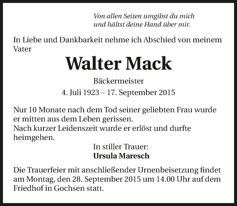  Traueranzeige für Walter Mack vom 24.09.2015 aus 