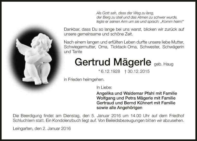  Traueranzeige für Gertrud Mägerle vom 02.01.2016 aus 