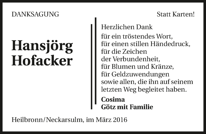 Traueranzeige für Hansjörg Hofacker vom 19.03.2016 aus 