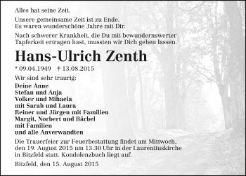 Traueranzeige von Hans-Ulrich Zenth 