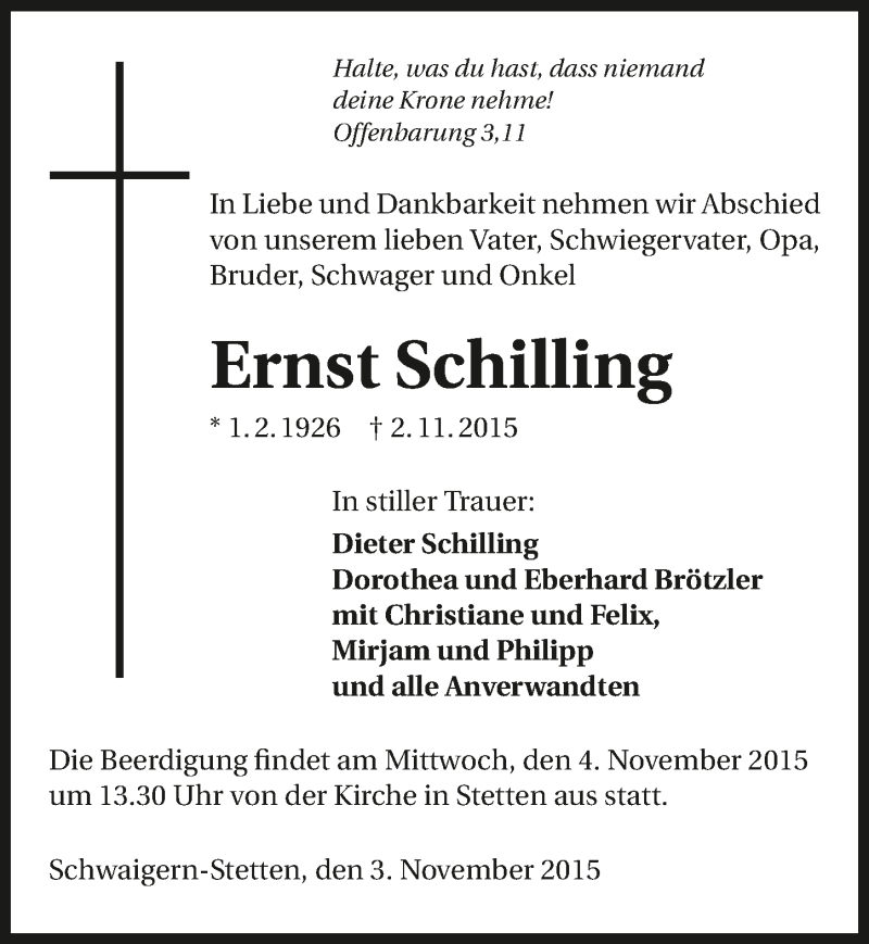  Traueranzeige für Ernst Schilling vom 03.11.2015 aus 