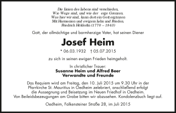 Traueranzeige von Josef Heim 