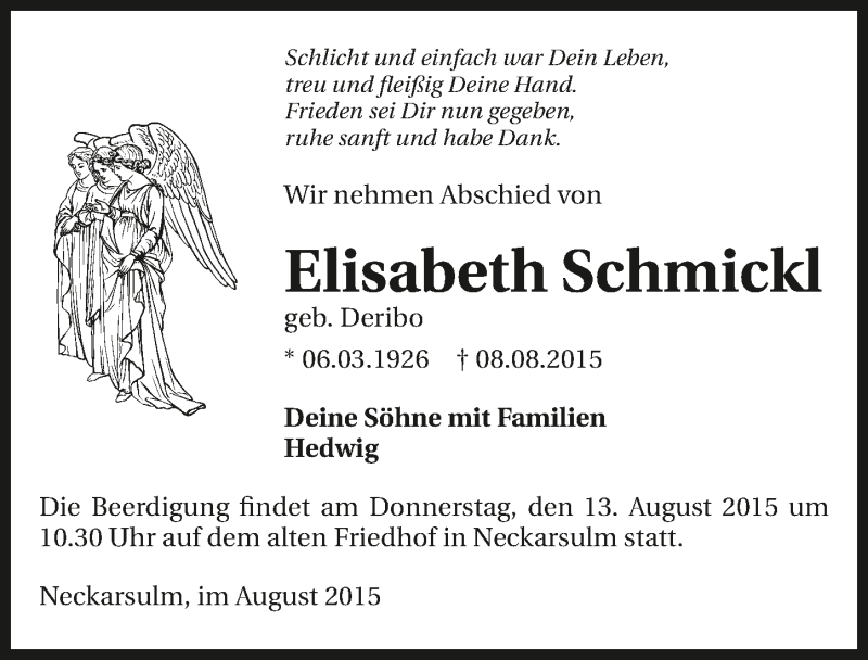  Traueranzeige für Elisabeth Schmickl vom 11.08.2015 aus 