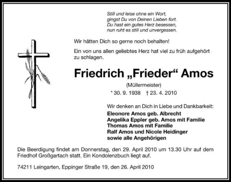  Traueranzeige für Friedrich Amos vom 26.04.2010 aus 