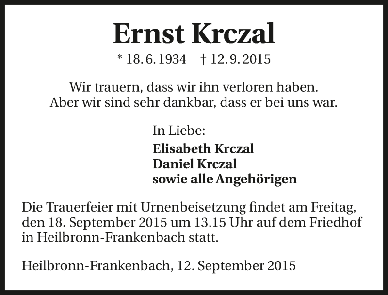  Traueranzeige für Ernst Krczal vom 15.09.2015 aus 