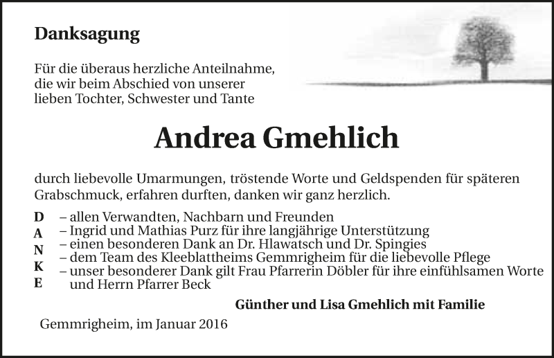  Traueranzeige für Andrea Gmehlich vom 16.01.2016 aus 