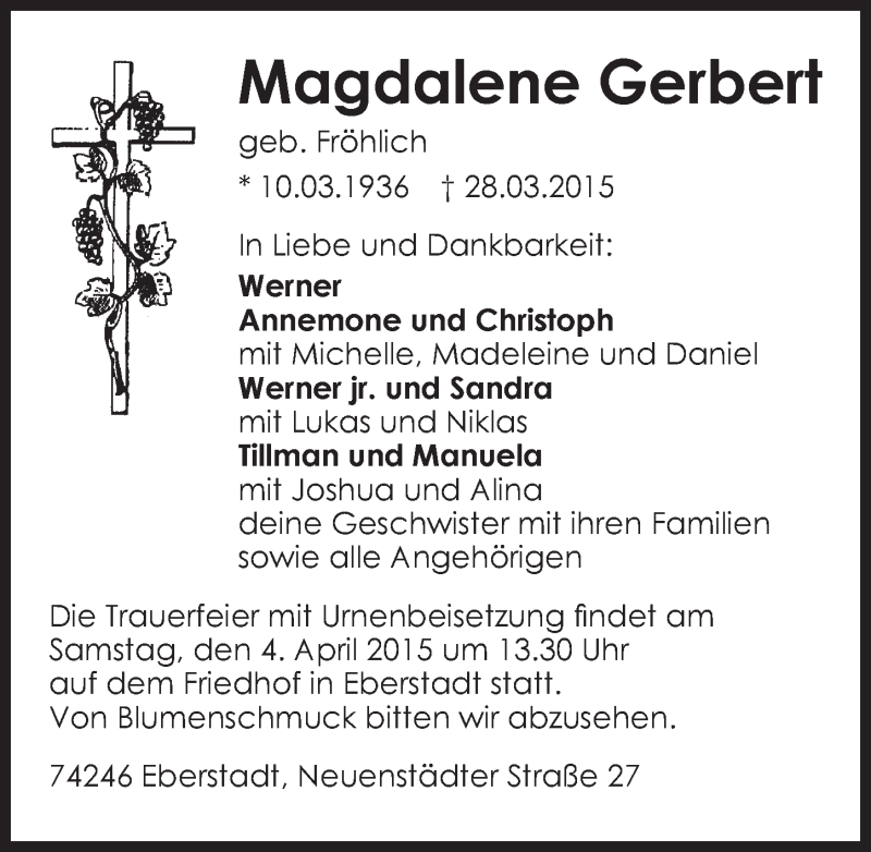  Traueranzeige für Magdalene Gerbert vom 31.03.2015 aus 