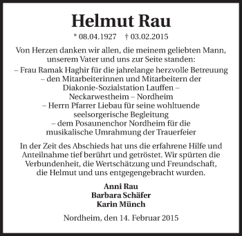 Traueranzeige von Helmut Rau 