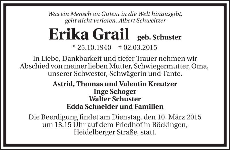  Traueranzeige für Erika Grail vom 05.03.2015 aus 
