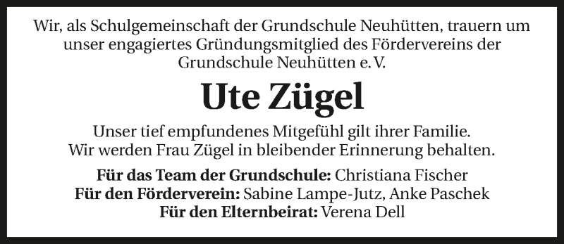  Traueranzeige für Ute Zügel vom 05.03.2016 aus 