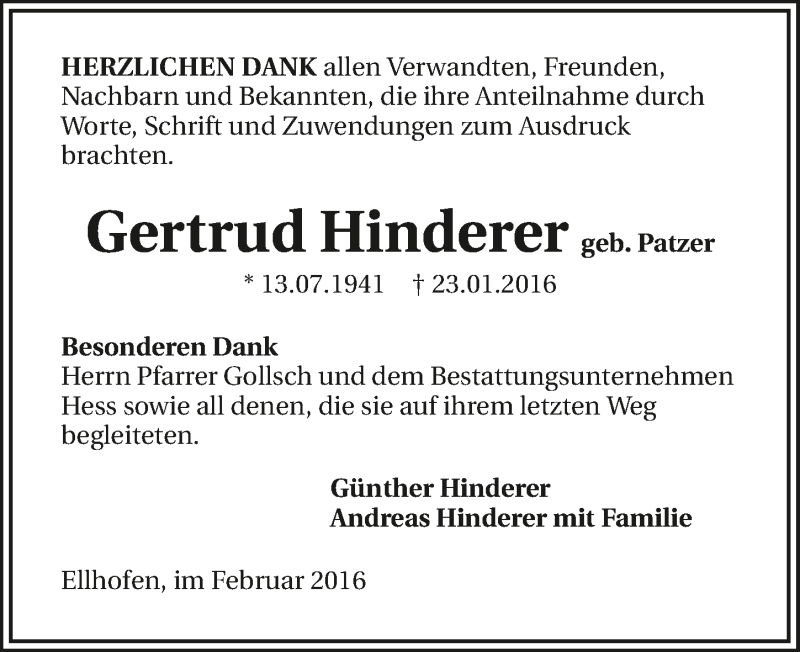  Traueranzeige für Gertrud Hinderer vom 13.02.2016 aus 