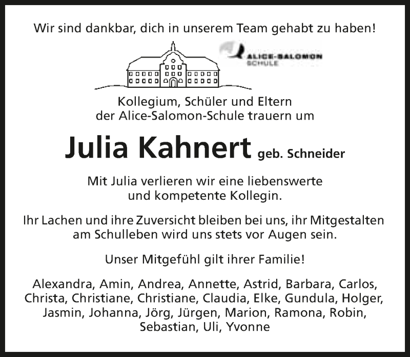  Traueranzeige für Julia Kahnert vom 08.10.2015 aus 