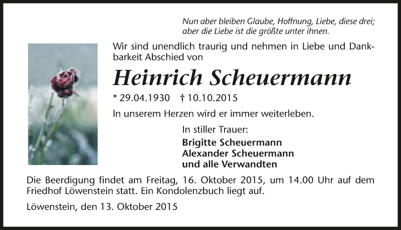  Traueranzeige für Heinrich Scheuermann vom 13.10.2015 aus 