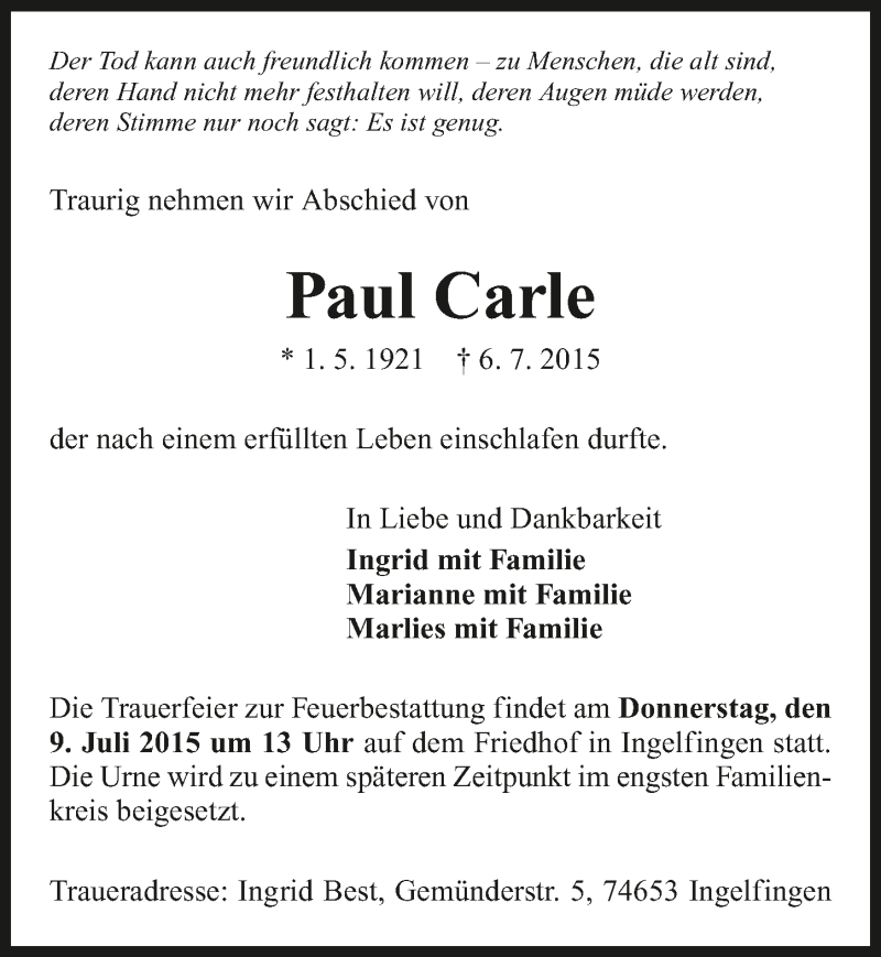  Traueranzeige für Paul Carle vom 08.07.2015 aus 