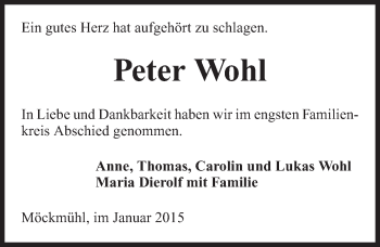 Traueranzeige von Peter Wohl 