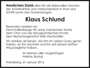 Traueranzeige von Klaus Schlund 