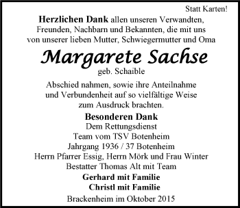 Traueranzeige von Margarete Sachse 