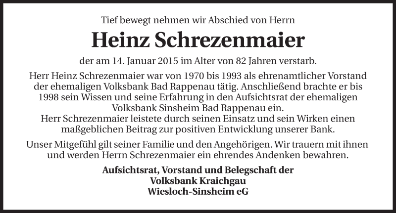  Traueranzeige für Heinz Schrezenmaier vom 19.01.2015 aus 