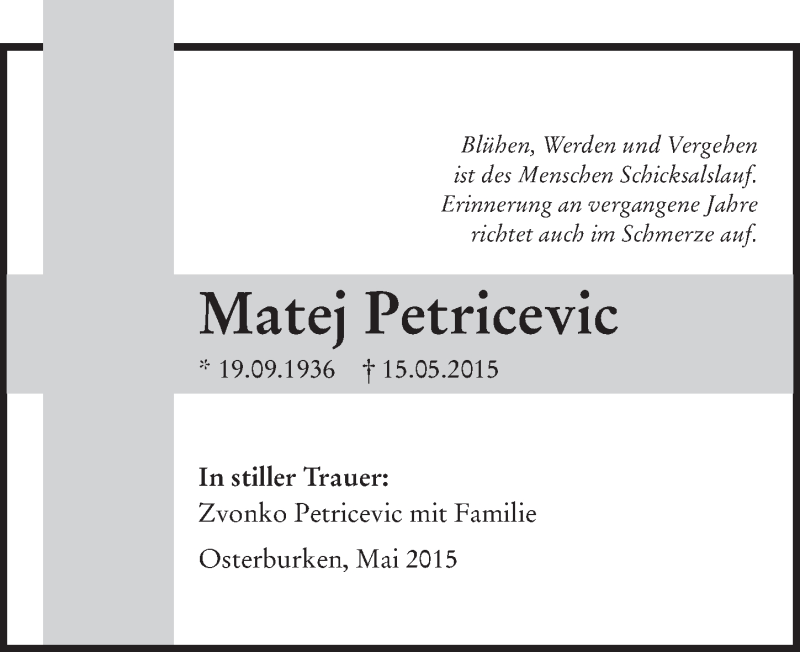  Traueranzeige für Matej Petricevic vom 23.05.2015 aus 