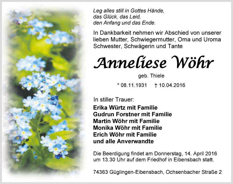 Traueranzeige für Anneliese Wöhr vom 12.04.2016 aus 