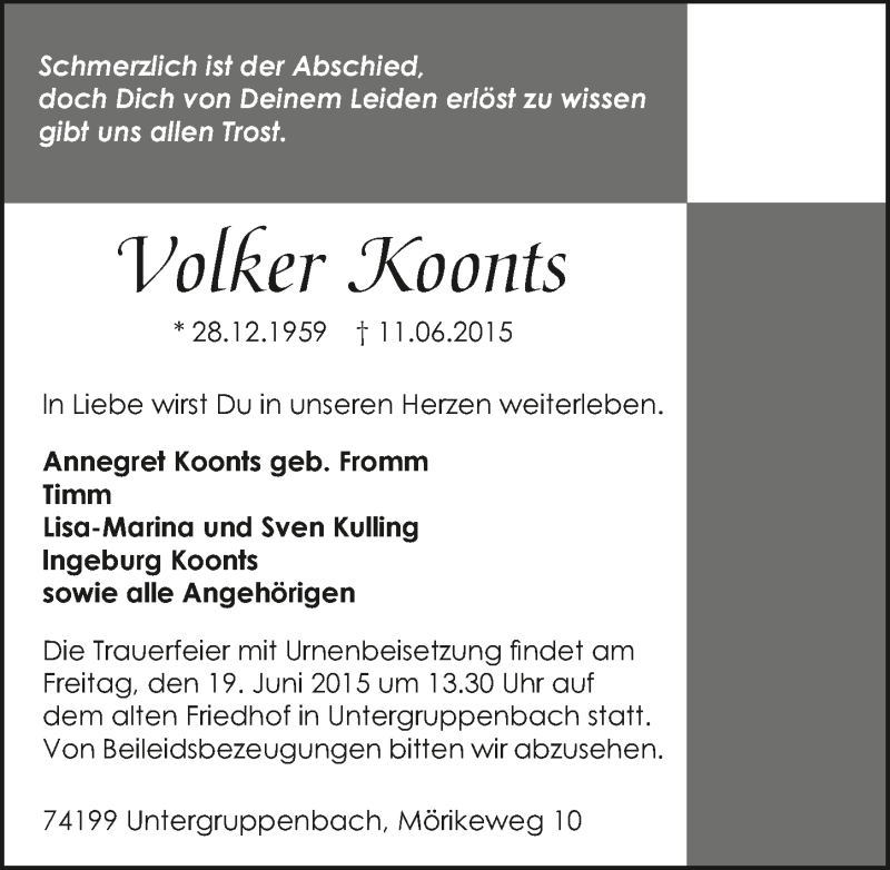  Traueranzeige für Volker Koonts vom 17.06.2015 aus 