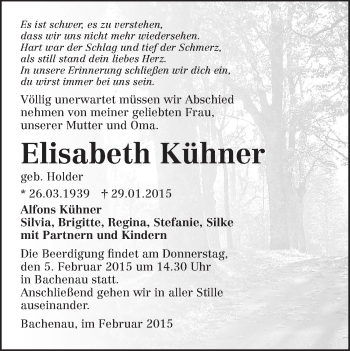 Traueranzeige von Elisabeth Kühner 