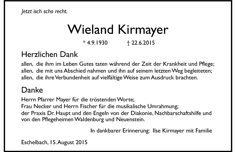  Traueranzeige für Wieland Kirmayer vom 15.08.2015 aus 