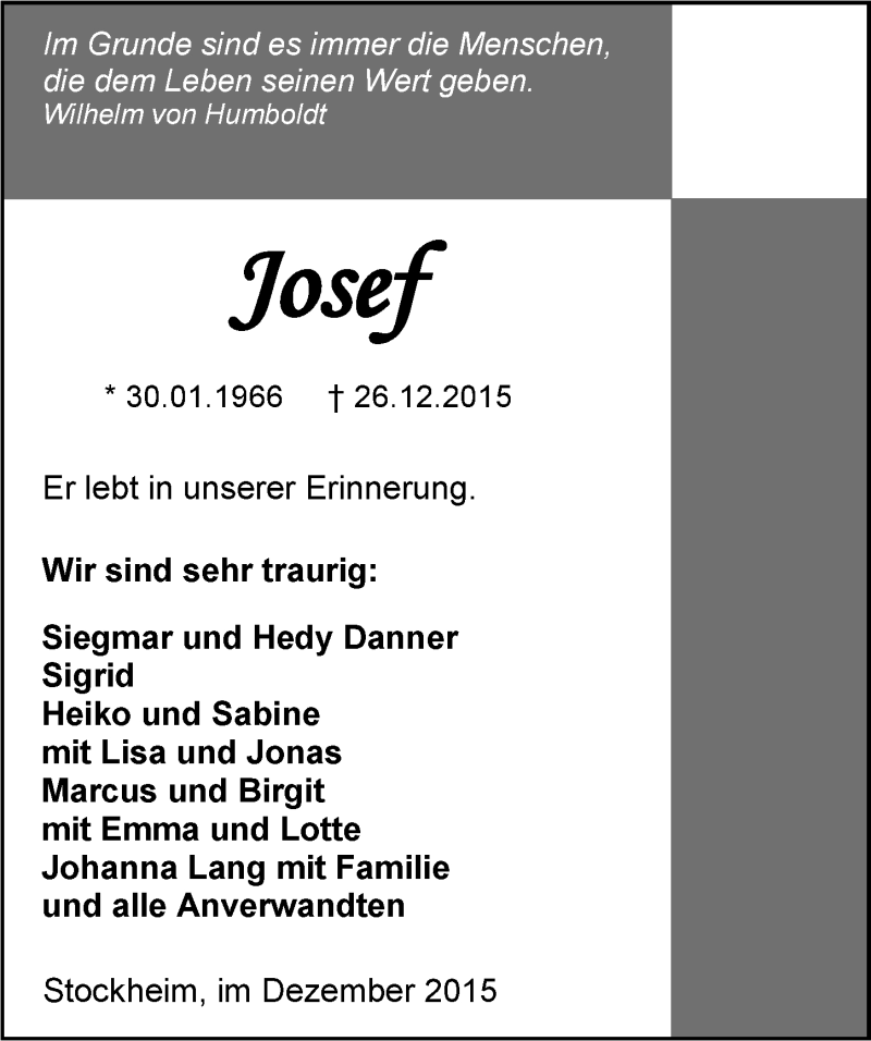  Traueranzeige für Josef Danner vom 29.12.2015 aus 