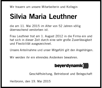 Traueranzeige von Silvia Maria Leuthner 