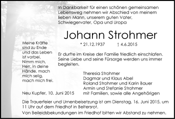 Traueranzeige von Johann Strohmer 