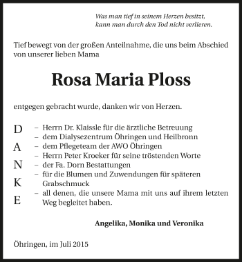 Traueranzeige von Rosa Maria Ploss 
