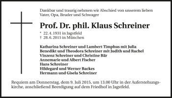 Traueranzeige von Klaus Schreiner 
