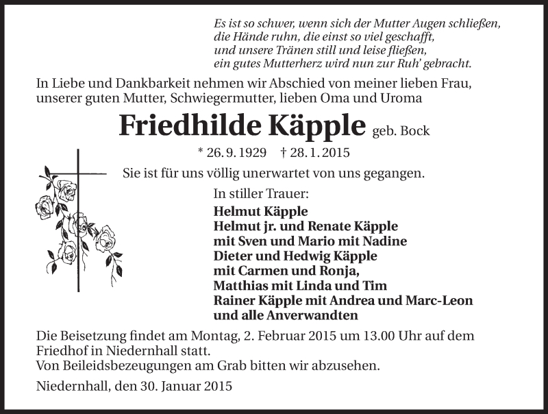  Traueranzeige für Friedhilde Käpple vom 30.01.2015 aus 
