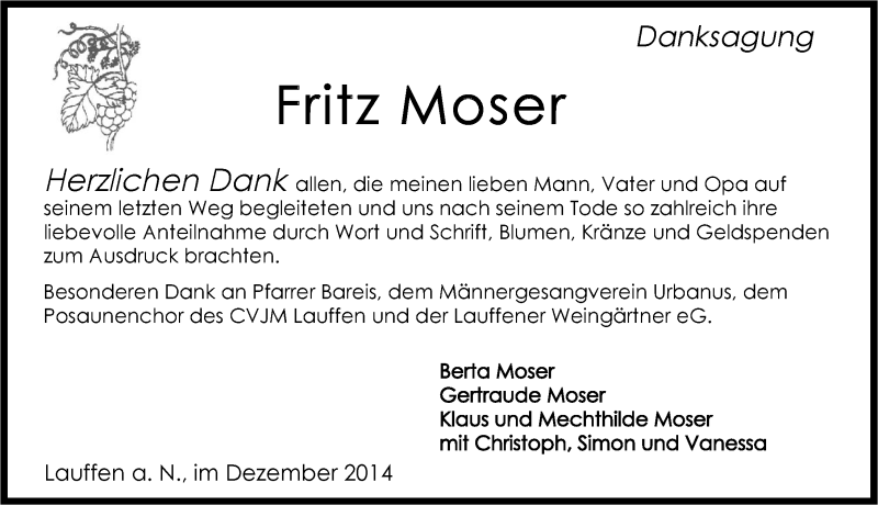  Traueranzeige für Fritz Moser vom 29.12.2014 aus 