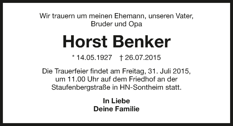  Traueranzeige für Horst Benker vom 28.07.2015 aus 