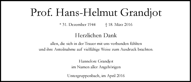  Traueranzeige für Hans-Helmut Grandjot vom 20.04.2016 aus 