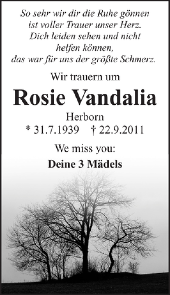  Traueranzeige für Rosie Vandalia vom 26.09.2011 aus 
