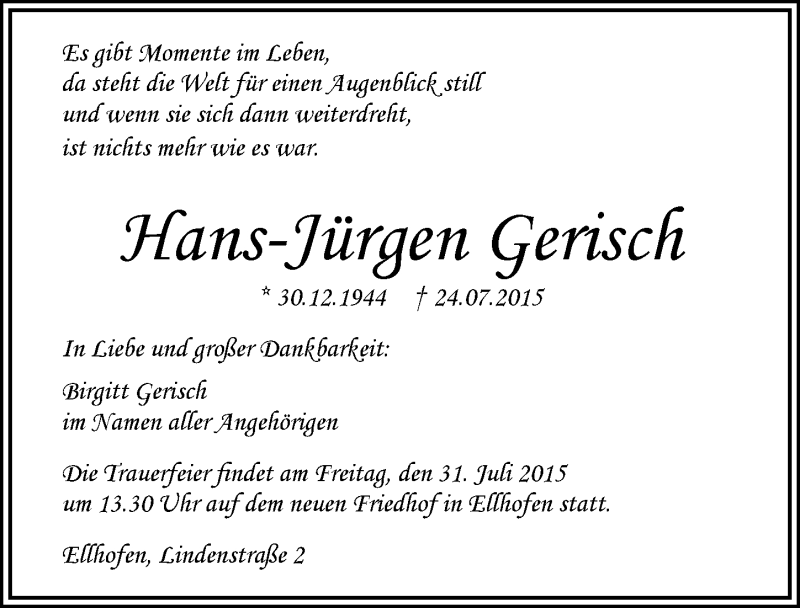  Traueranzeige für Hans-Jürgen Gerisch vom 27.07.2015 aus 