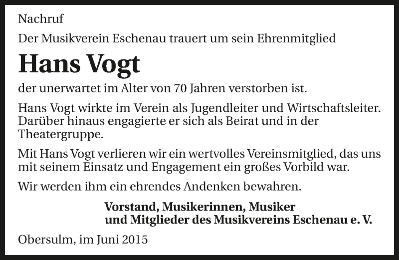  Traueranzeige für Hans Vogt vom 29.06.2015 aus 