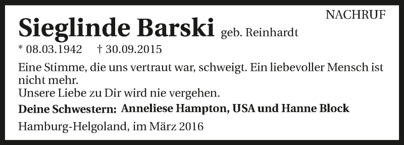  Traueranzeige für Sieglinde Barski vom 08.03.2016 aus 
