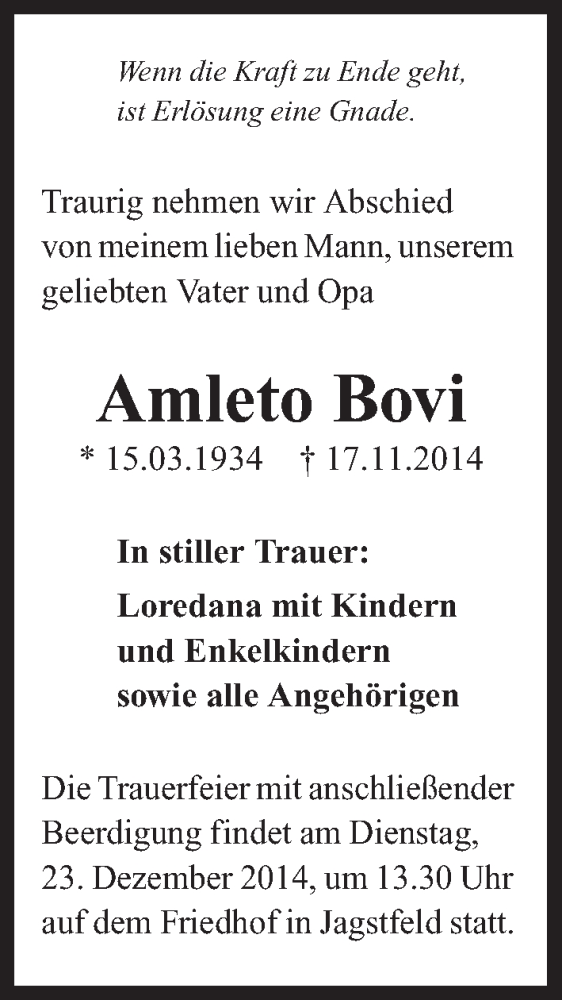  Traueranzeige für Amleto Bovi vom 20.12.2014 aus 