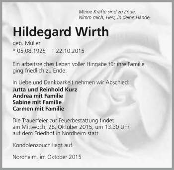 Traueranzeige von Hildegard Wirth 