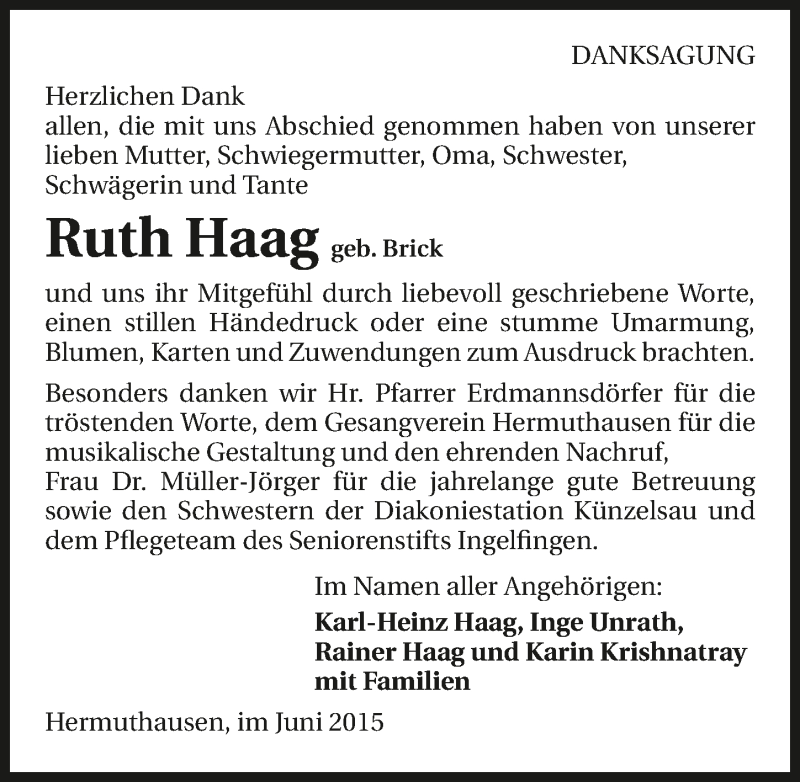 Traueranzeige für Ruth Haag vom 13.06.2015 aus 