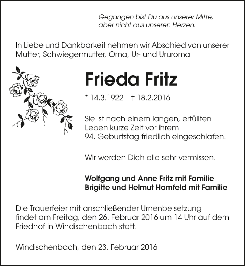  Traueranzeige für Frieda Fritz vom 23.02.2016 aus 