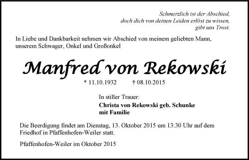 Traueranzeige für Manfred von Rekowski vom 10.10.2015 aus 
