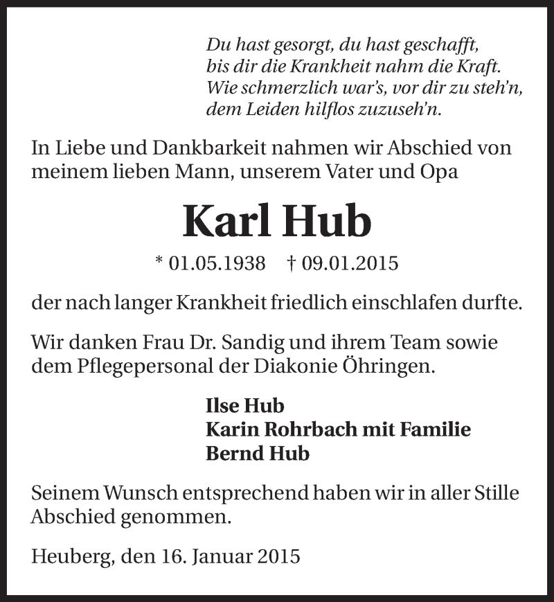  Traueranzeige für Karl Hub vom 16.01.2015 aus 