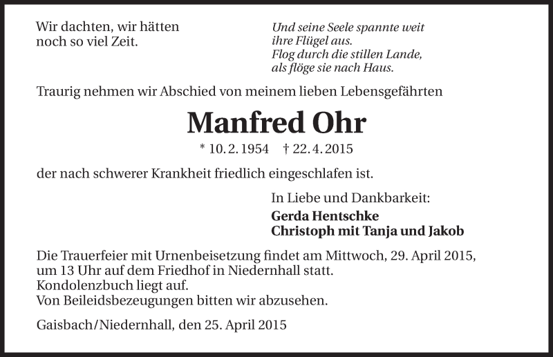  Traueranzeige für Manfred Ohr vom 25.04.2015 aus 