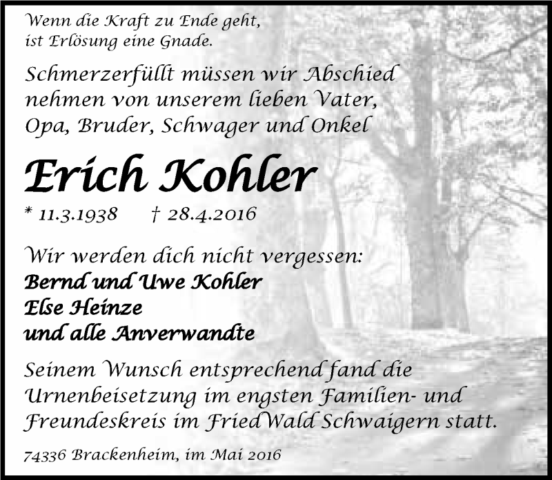  Traueranzeige für Erich Kohler vom 14.05.2016 aus 
