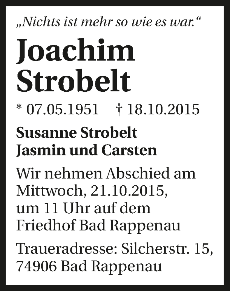  Traueranzeige für Joachim Strobelt vom 20.10.2015 aus 